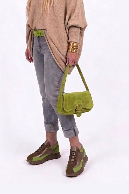 Dress sneakers in chocolate brown, antique gold and pistachio green leather with thick rubber soles and round toe - Worn view